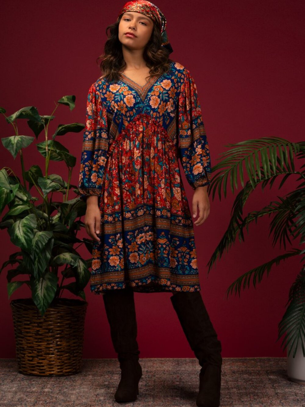 Boho Peasant Floral Mixed Pattern V-Neck Babydoll Mini Dress NWT Small Red Blue - Picture 2 of 12
